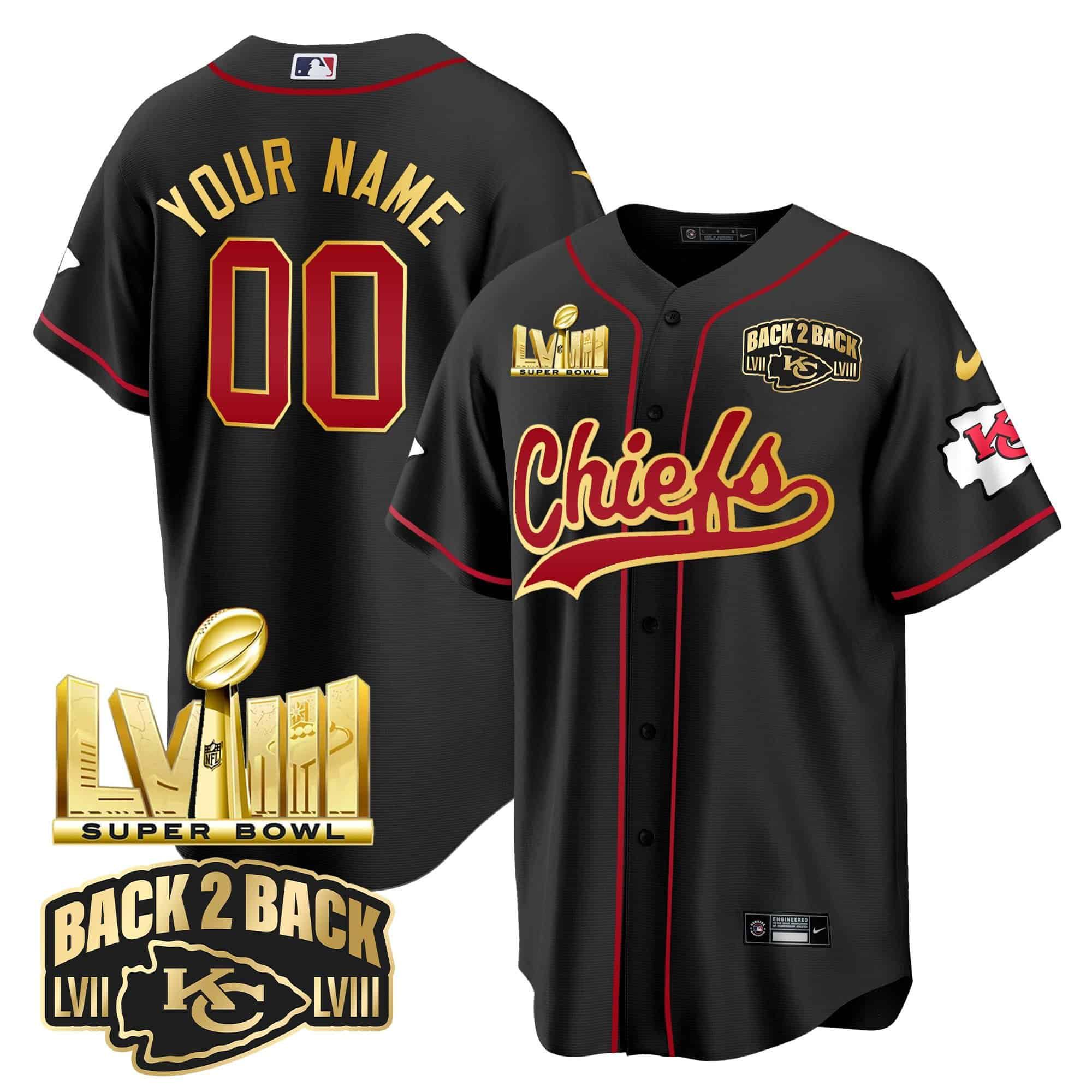Men Kansas City Chiefs Black 2024 Nike Super Bowl LVIII Back-2-Back Gold Patch Baseball Custom NFL Jersey